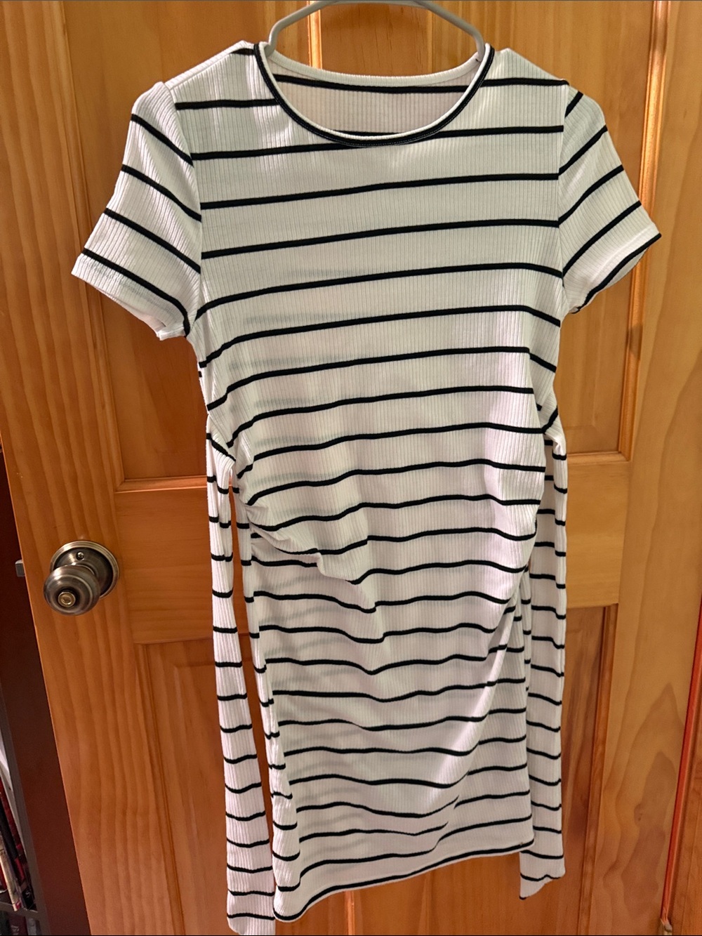 Striped Short-Sleeve Maternity Dress in White and Black